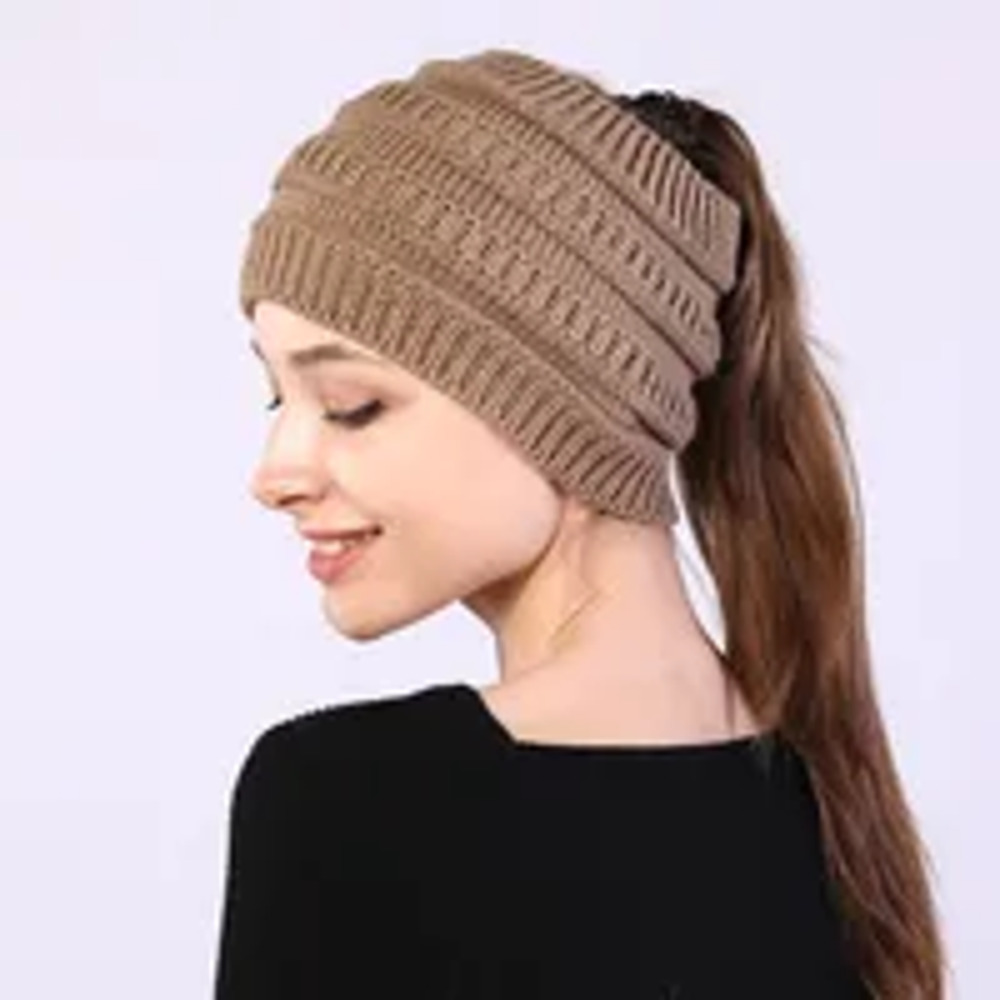 Natural Tan Women Winter Turban Hat Woven, Handmade Knitting Elastic Hairbands